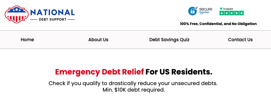 Image shows National Debt Support's home page that has Trust Pilot reviews logo.