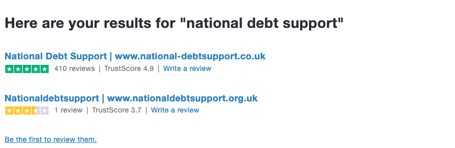 Image shows results for National Debt Support on Trust Pilot