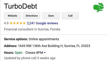 Image shows TurboDebt Google Reviews as of August 16, 2022