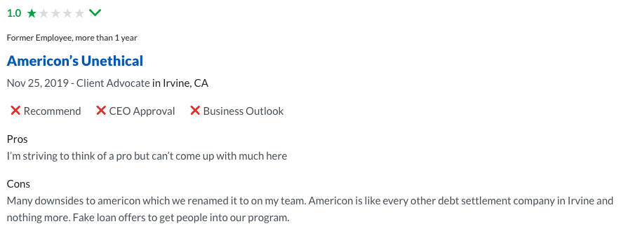 Americor review stating unethical