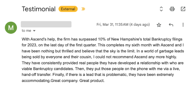 Picture of Ascend Bankruptcy Leads testimonial. 